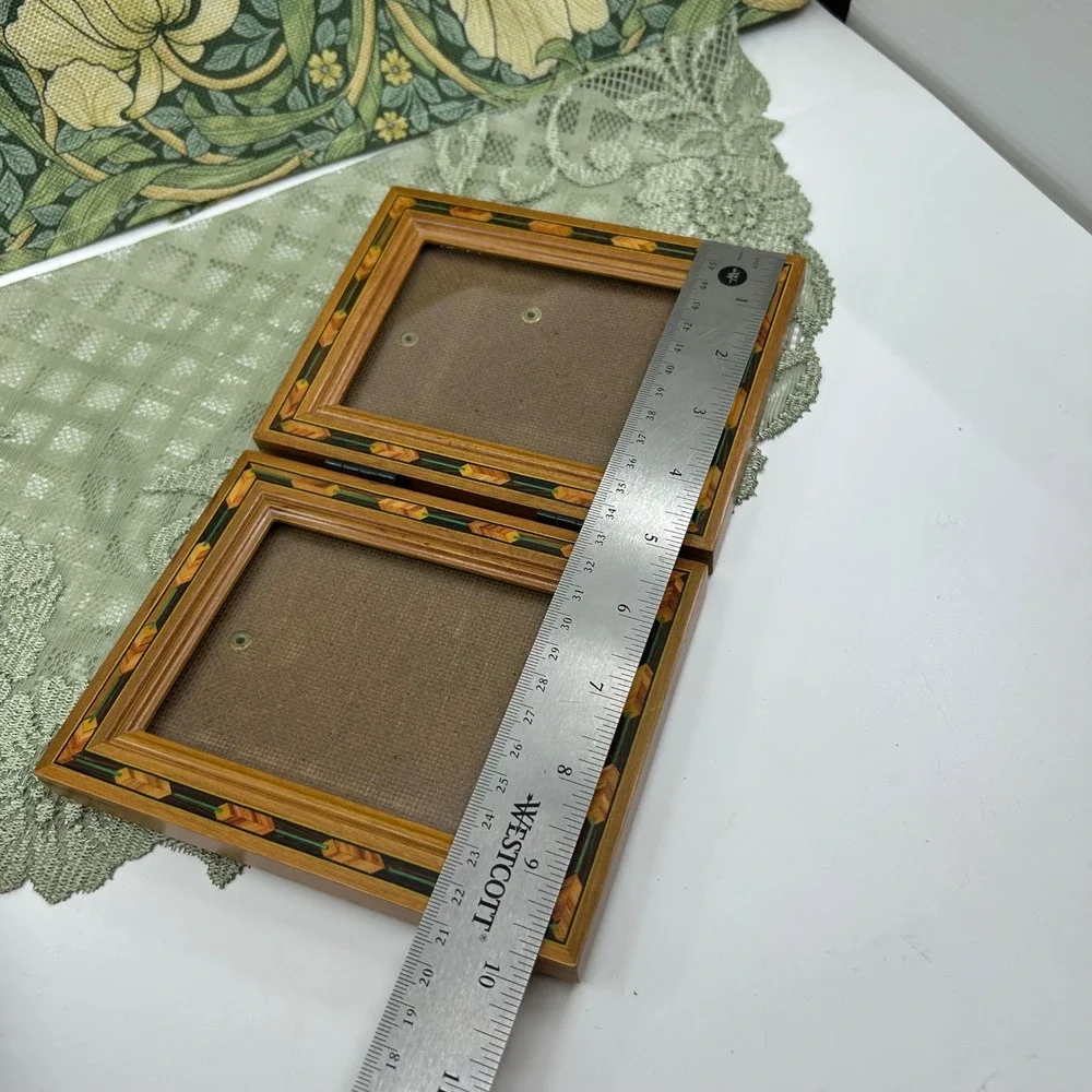 Vintage Wood Inlay Fetco Marquetry Double Frame Standing Wooden